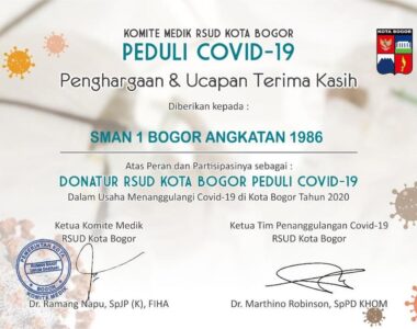 Piagam Penghargaan dari Komite Medik RSUD Kota Bogor kepada Alumni SMA 1 BOGOR Angkatan 1986